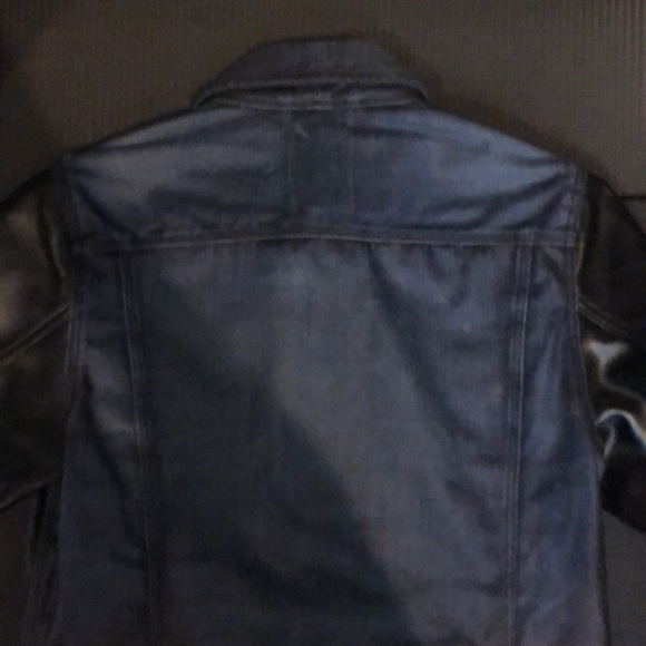 G-Star Raw Inked Denim Dark Blue Jean Jacket w/Authentic Leather Biker Sleeves - Picture 11 of 16